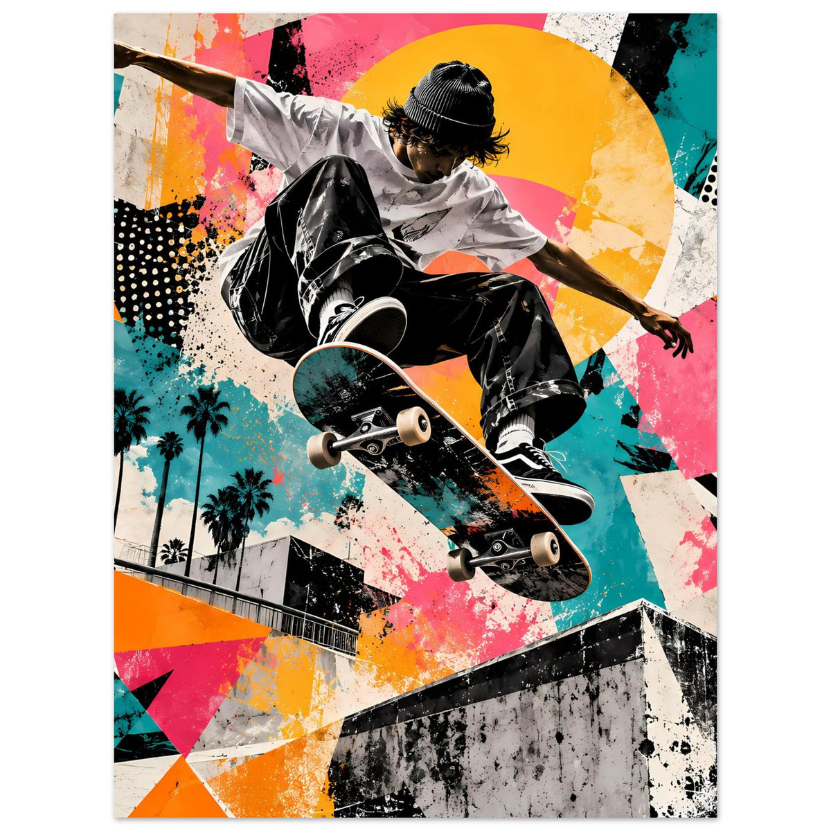 Street-Art-Poster: Skateboarder auf Skateboard mit Neonfarben, Sprüh- und Graffiti-Optik