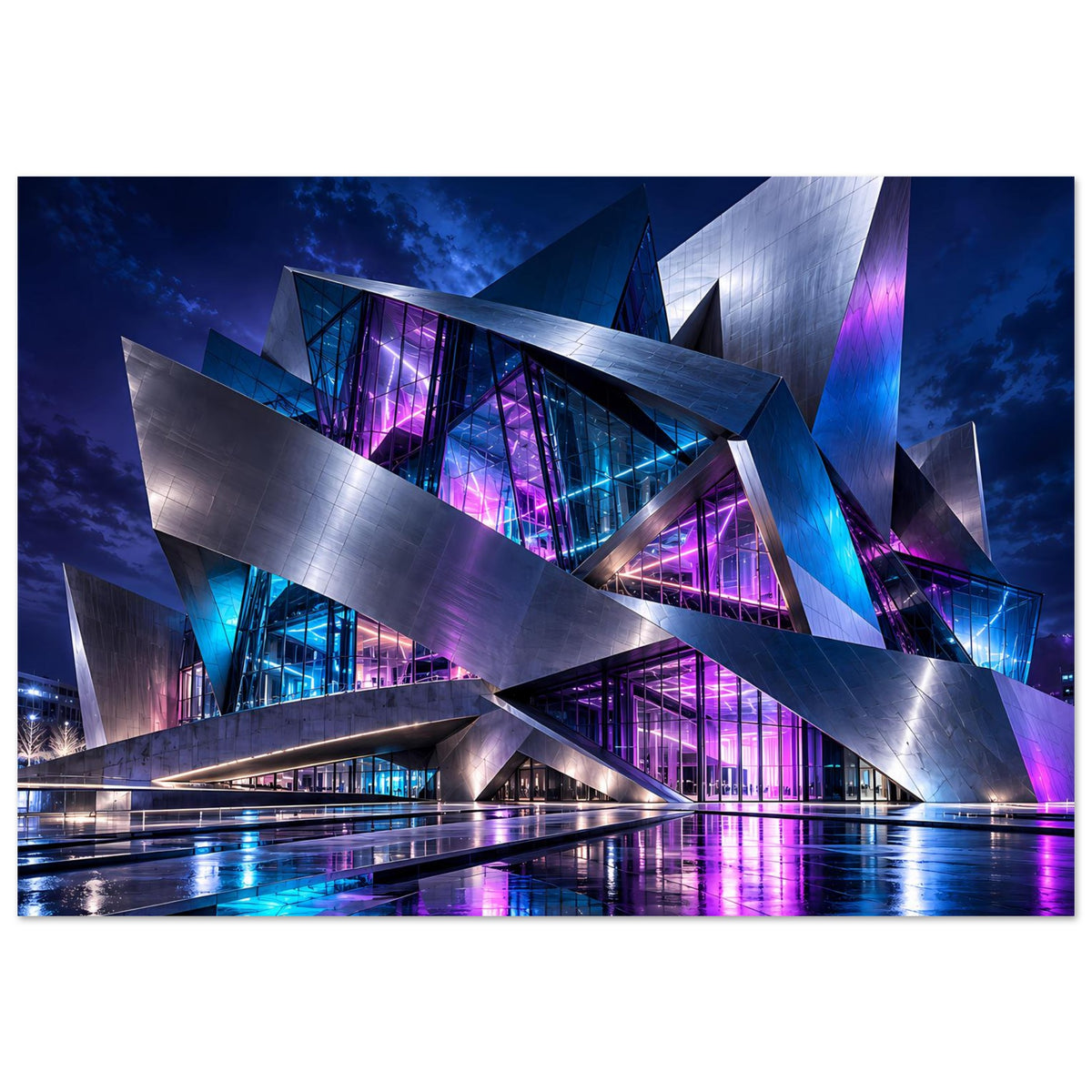 Futuristisches Architekturposter, Querformat: futuristische Metallstruktur mit violetten Neonakzenten