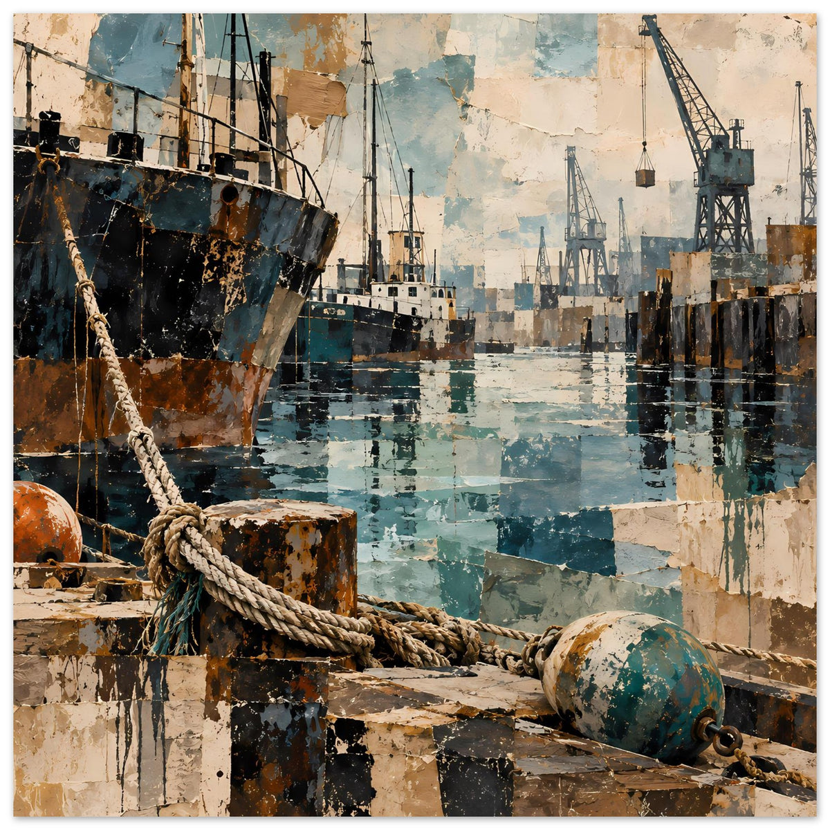 Hafen-Poster mit Schiffskörper, Kränen, Gewässer und vorderem Kettenzug vor Kaisockel