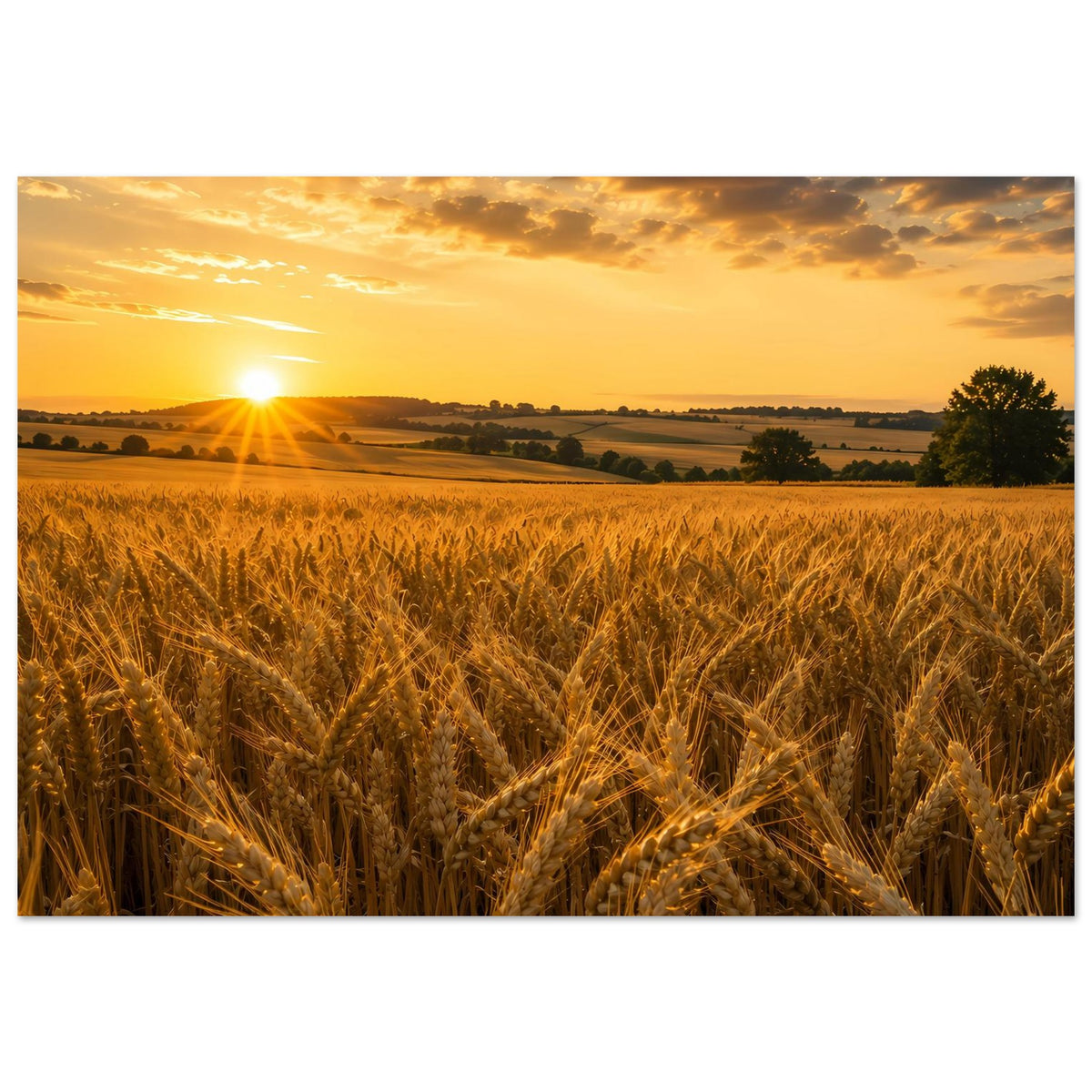 Querformat-Poster: goldenes Weizenfeld im Vordergrund, warmes Licht am Horizont