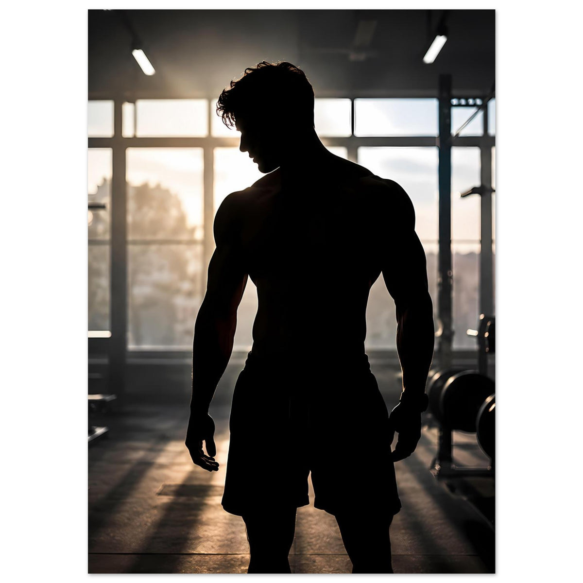 Vertikales Fitnessposter mit dunkler Silhouette eines Athleten, ausgestreckte Arme