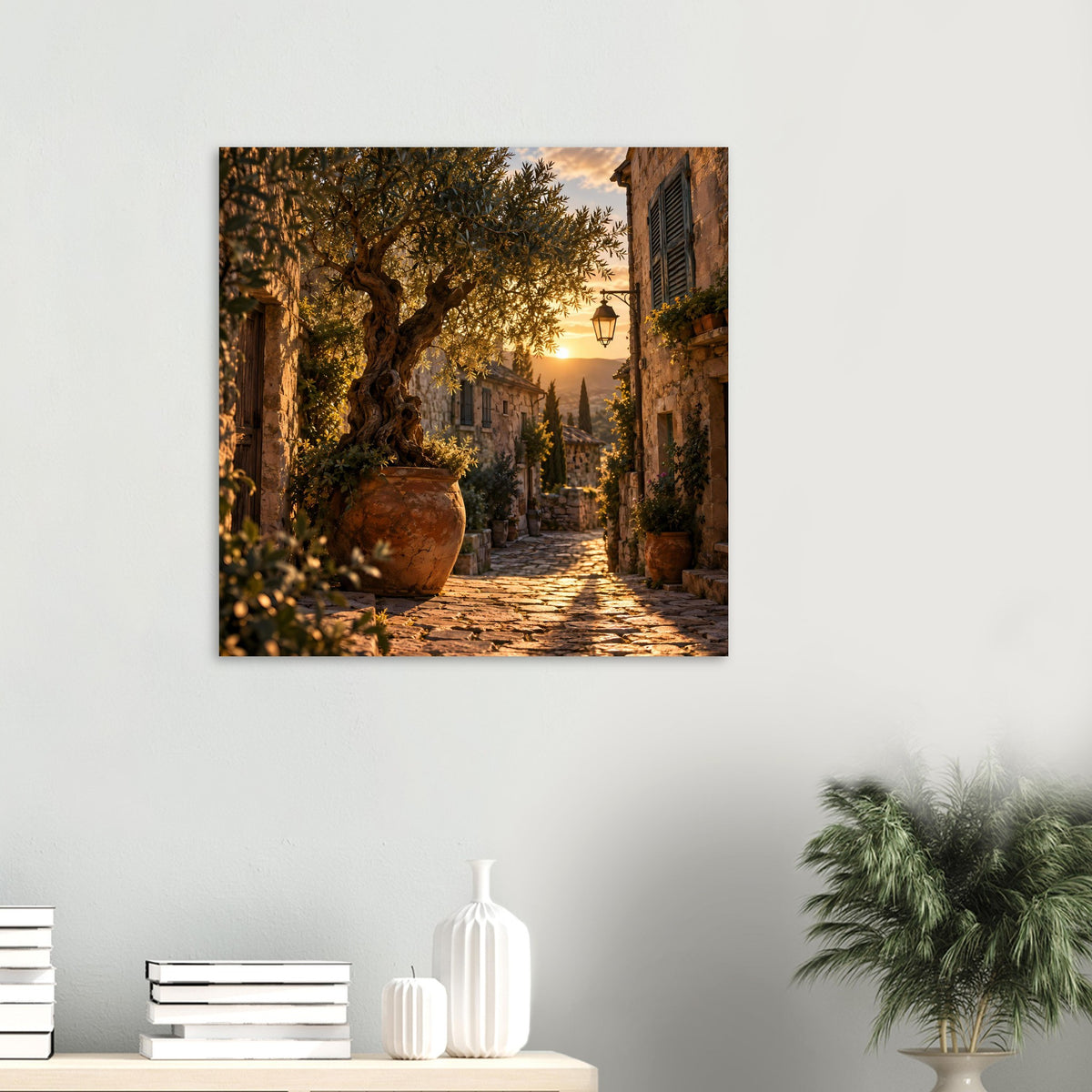 Sonnenuntergangs-Poster mit Olivenbaum im Topf, Laterne und gepflasterter Gasse