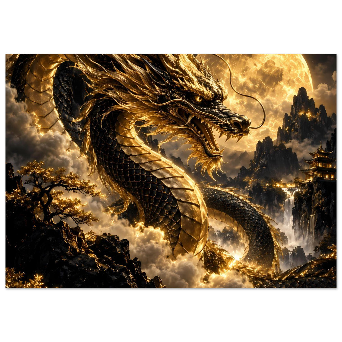 Drachenposter (quer): goldener Drache über Wolken, Vollmond und beleuchtete Häuser