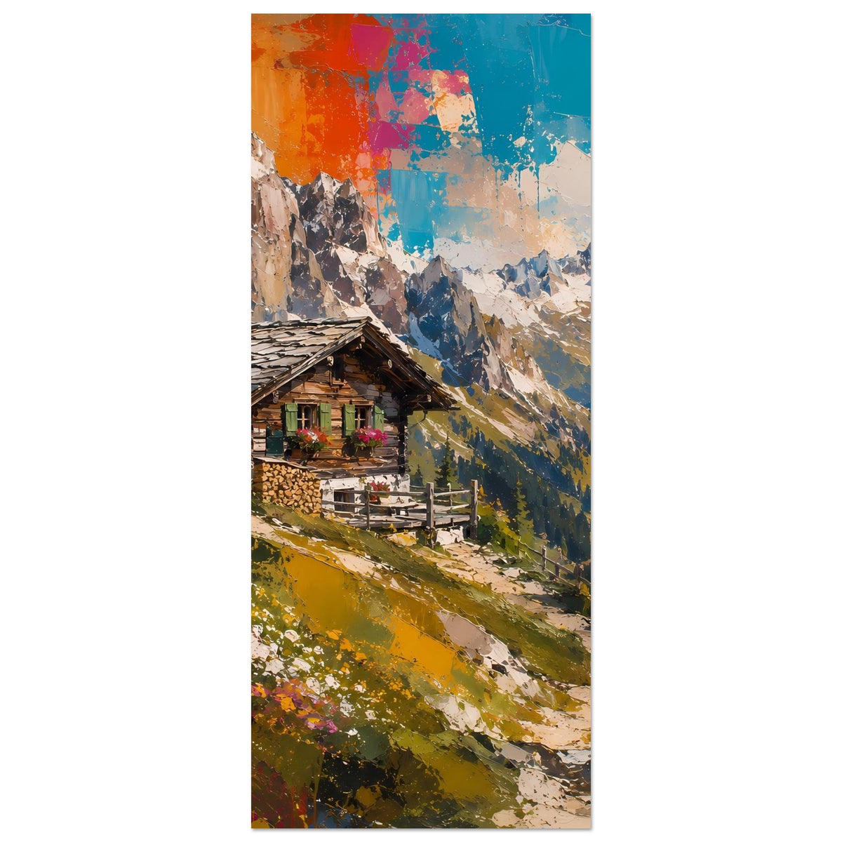 Wandposter im Hochformat: rustikale Hütte im Tal vor markanten Berggipfeln und abstraktem Himmel