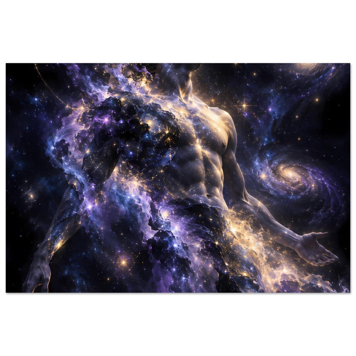 Kosmos-Poster im Querformat: weibliche Figur, violett-goldenes Licht und Sterne