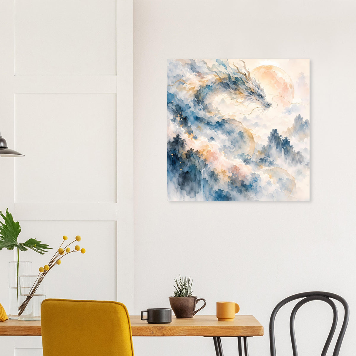 Aquarellposter mit Drachen im Aquarellstil: blaue Wolken und warmer Mondschein