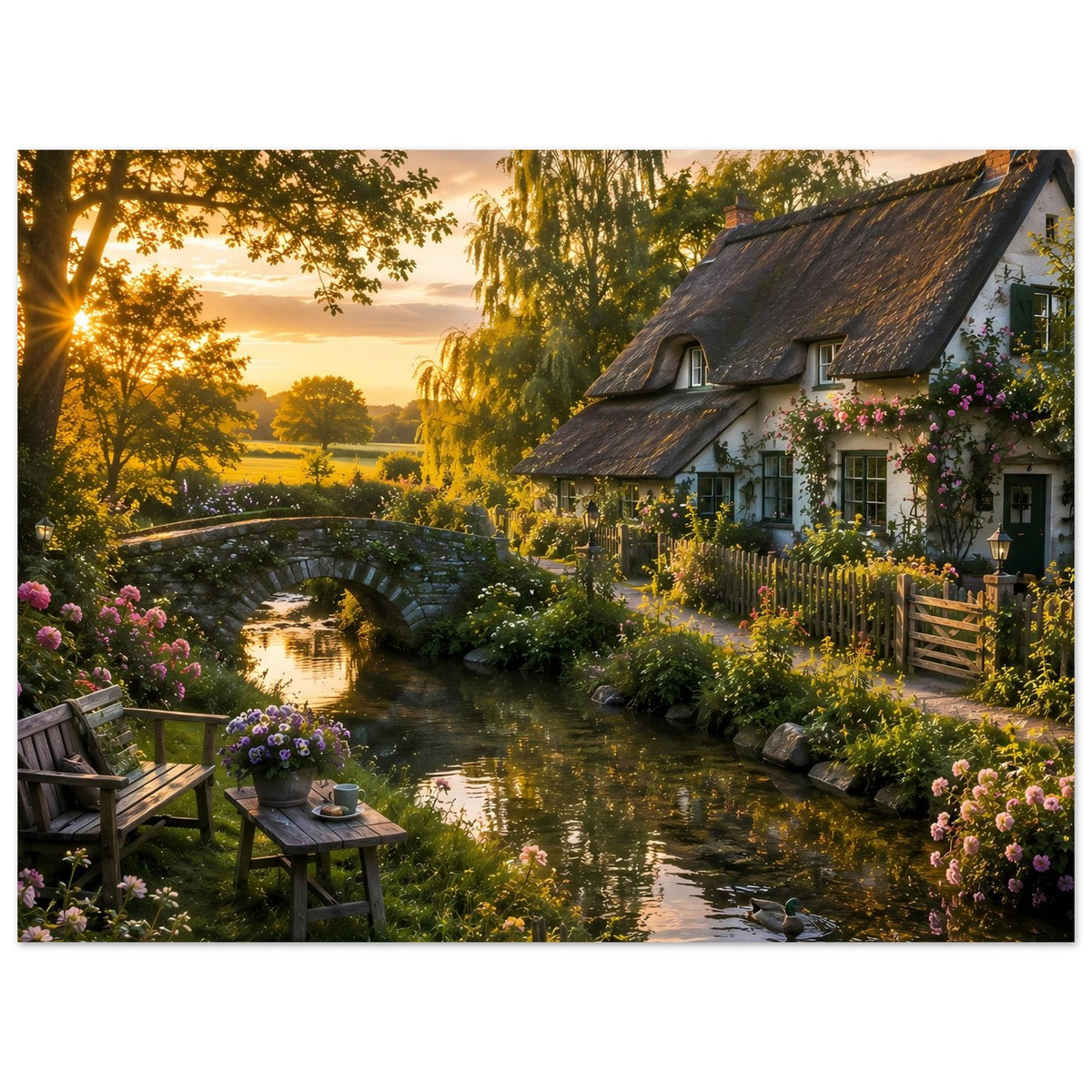 Poster mit Bach, Steinbrücke und Landhausdach; Blumenbeete und Zaun im Vordergrund