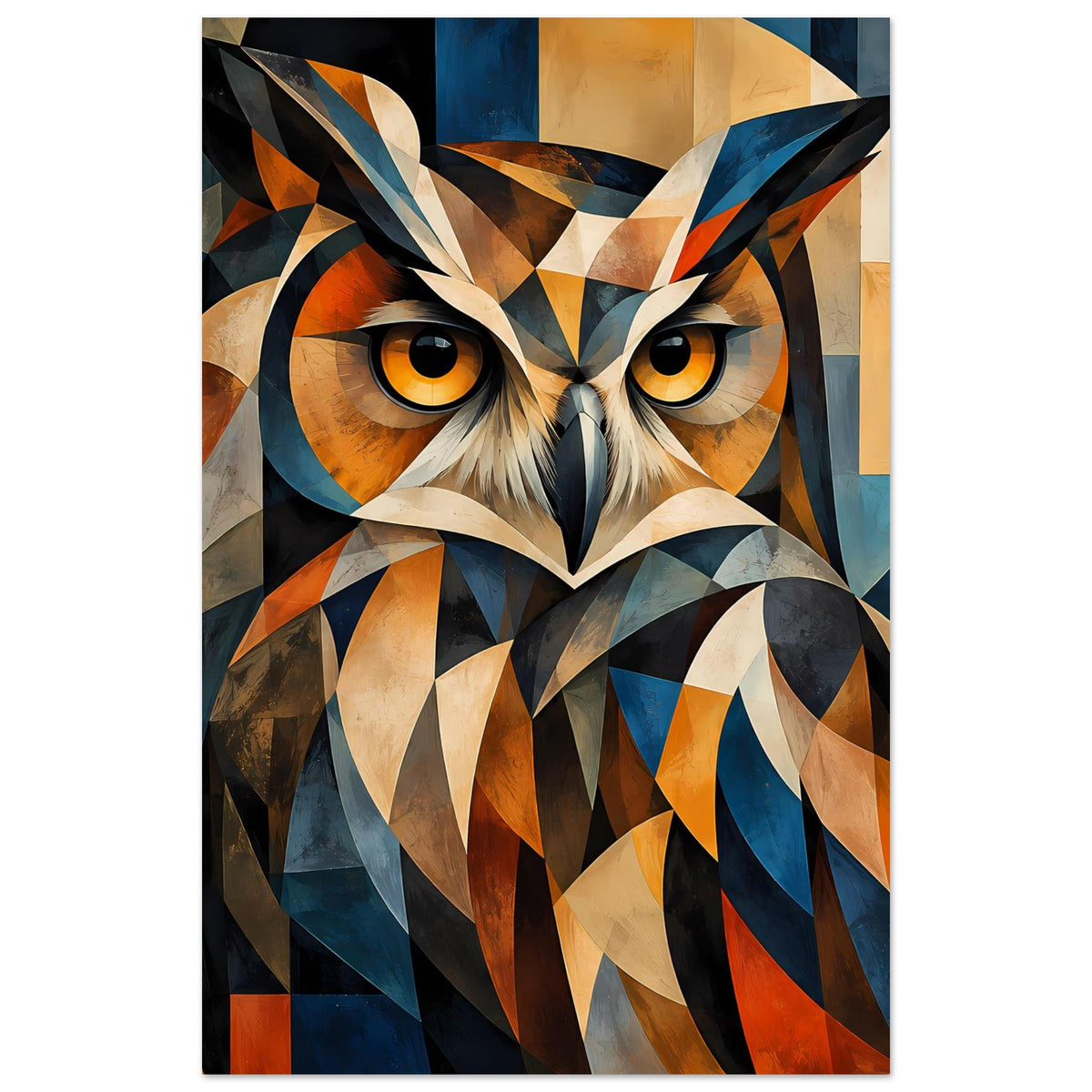 Tierposter mit geometrischer Eule in Hochformat: Kopf und Augen, stilisierte Federn aus Dreiecken.