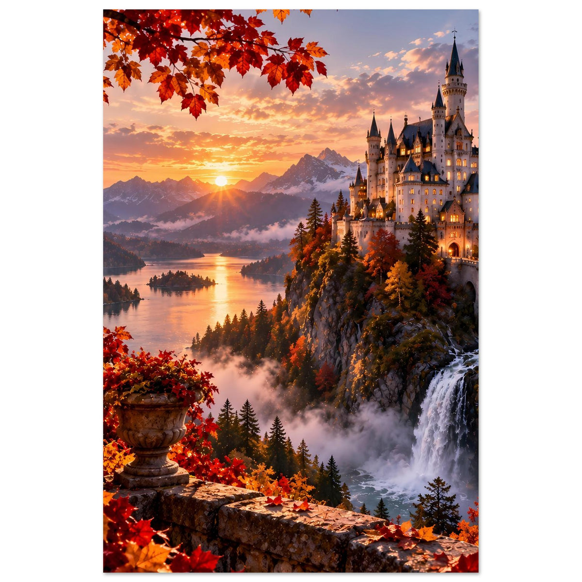 Vertikales Poster mit Schloss am Wasser, Sonnenuntergang und Herbstlaub, matt
