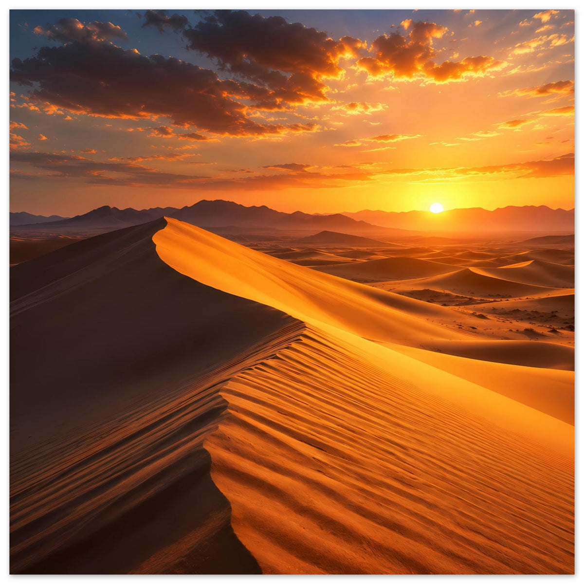 Gerahmtes Panorama-Poster: Wüstenlandschaft bei Sonnenuntergang mit leuchtender Sonne