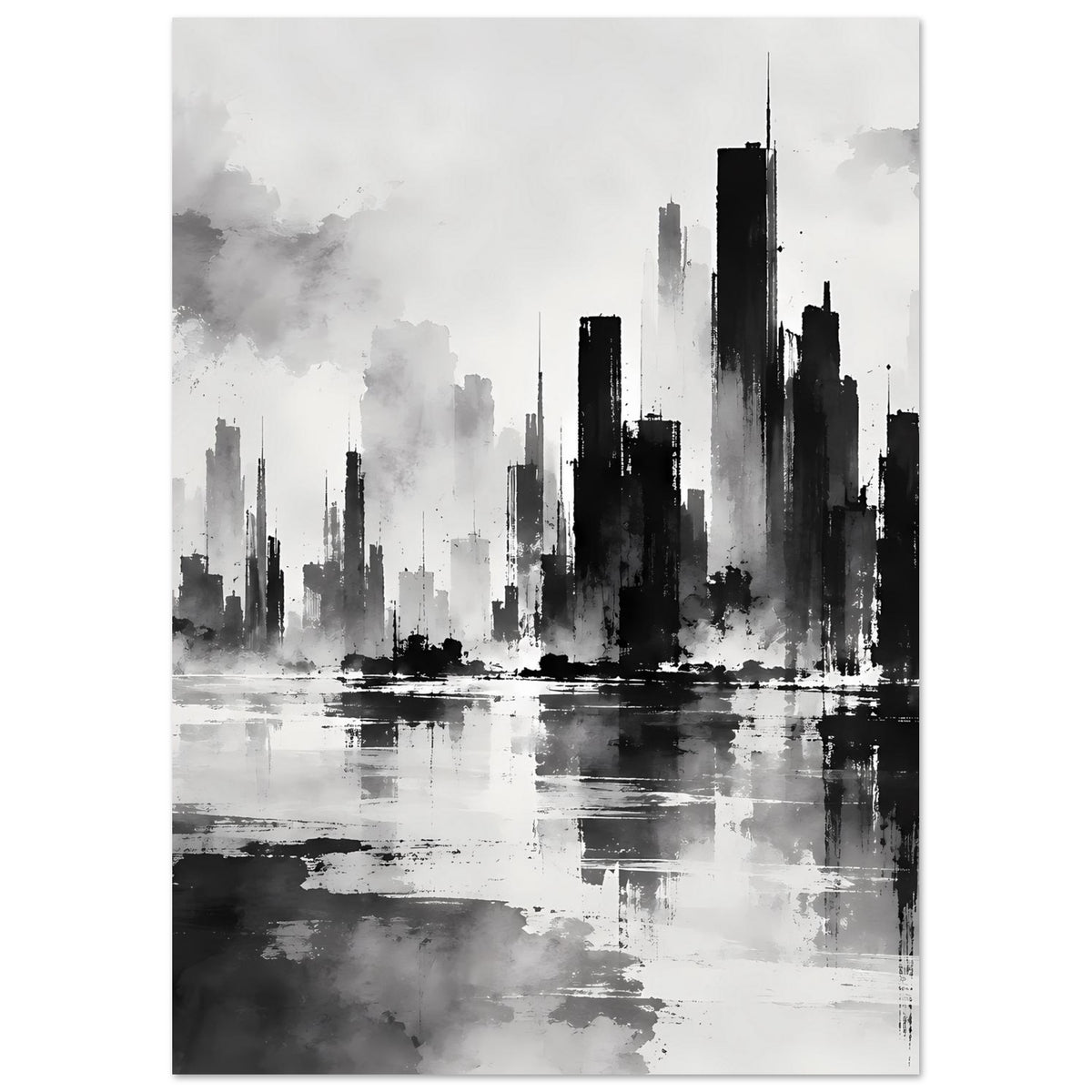 Vertikales Schwarz-Weiß-Stadtposter mit dunkler Skyline und spiegelnder Wasserfläche