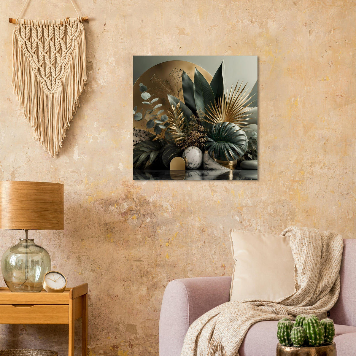 Botanisches Poster mit großen Blättern, goldem Lichtkreis und Marmorstilleben