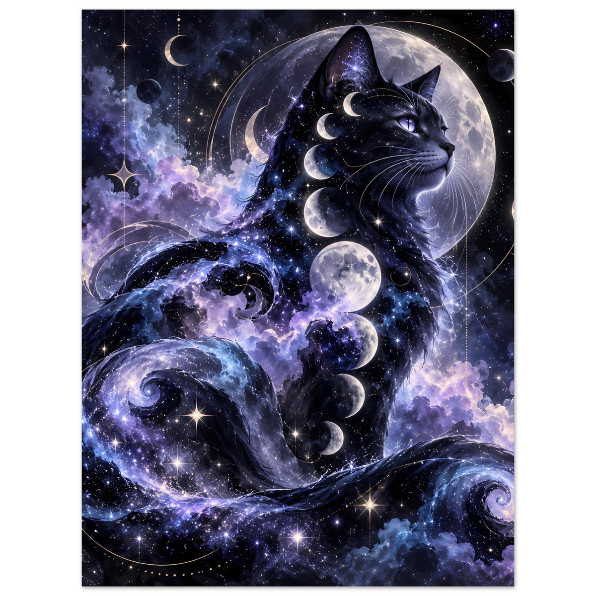 Poster mit schwarzer Katze im Kosmos, Mondphasen und Planeten im lila-blauen Stil