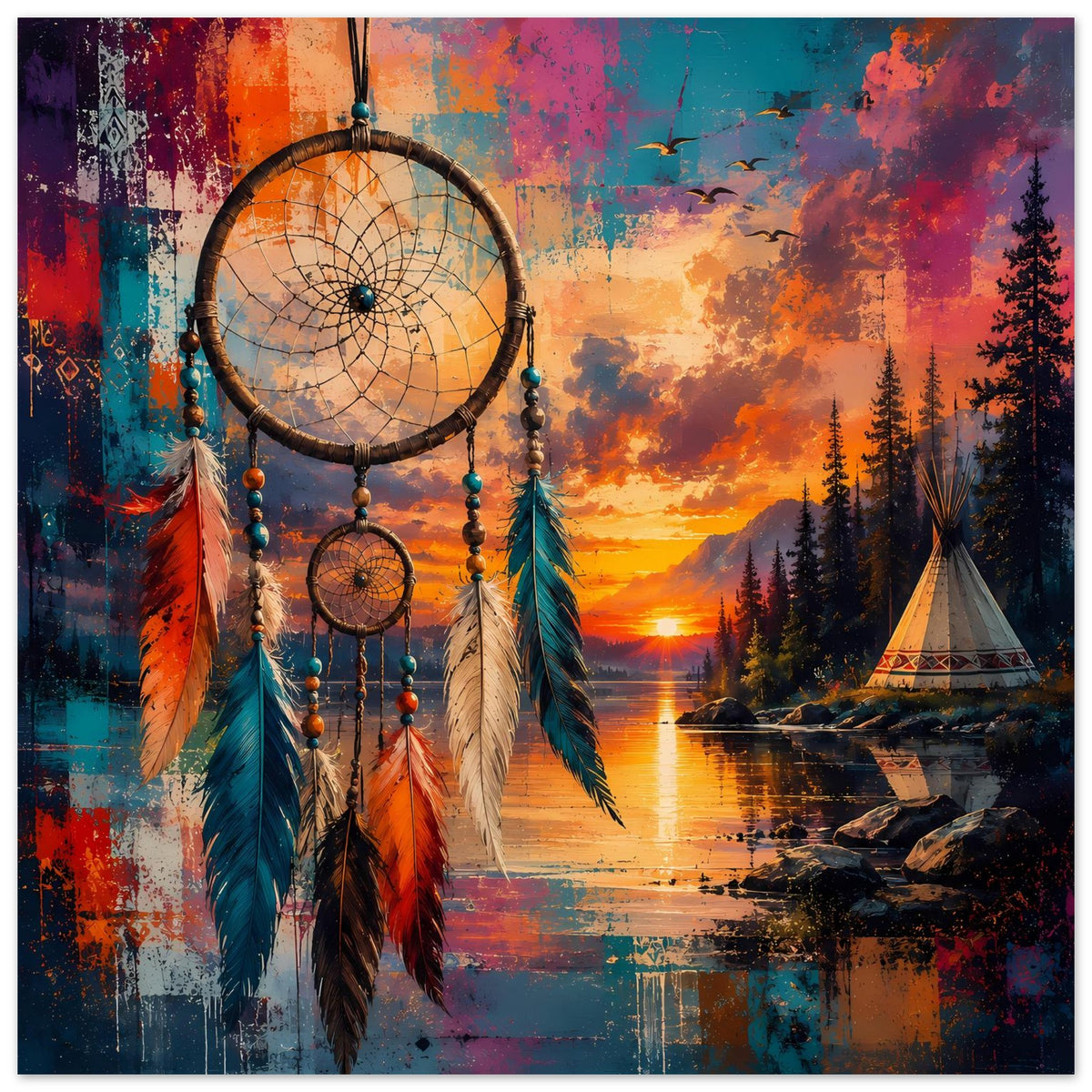 Boho-Traumfänger-Poster mit Traumfänger, bunten Federn, Zeltspitze und Wald im Hintergrund