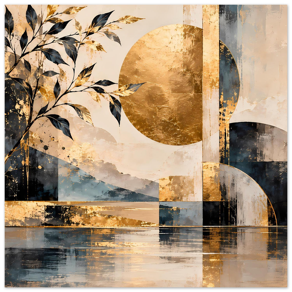 Kunstposter mit Blattzweigen links, goldenen Bögen und blau-silbernen Farbflächen