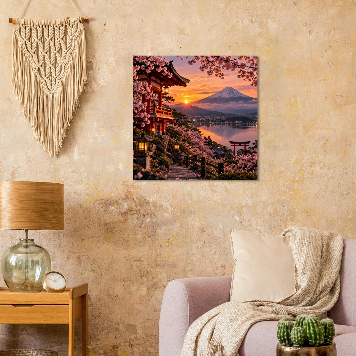 Wandposter mit Kirschblüten, rotem Torii und untergehender Sonne vor Bergkulisse
