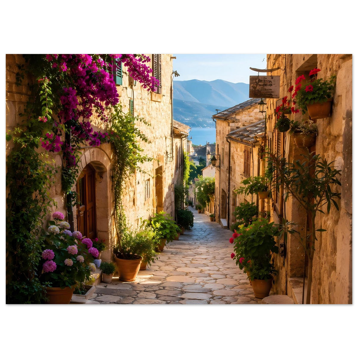 Poster mit mediterraner Gasse, Steinmauern, hängenden Blüten und Pflanzen in Töpfen