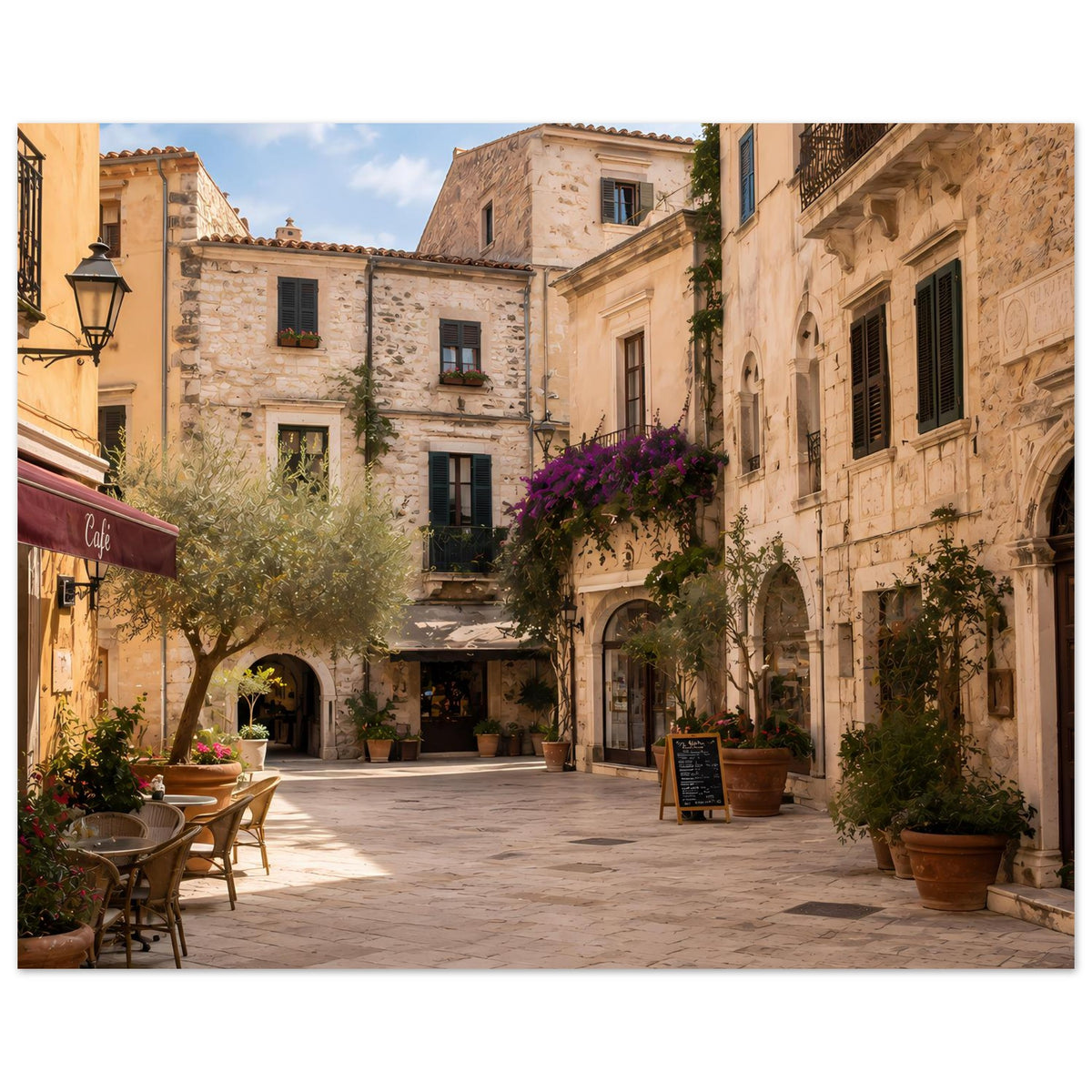 Poster: mediterrane Gasse zwischen Steinhäusern mit Bögen, Pflanzenkübeln und lila Blüten