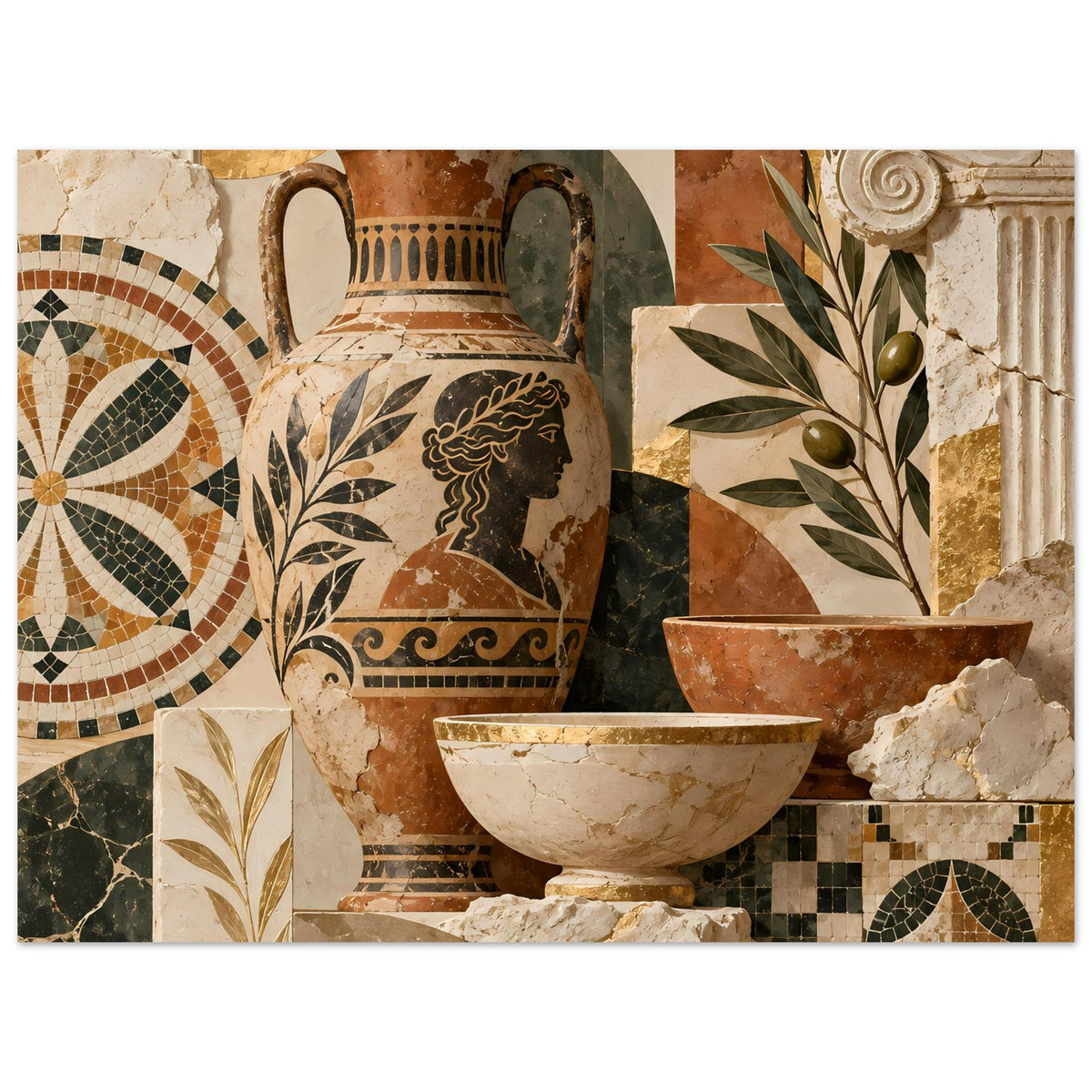 Mediterranes Mosaik-Poster im Querformat: Amphore, Schüssel und Mosaikfliesen im Randbereich