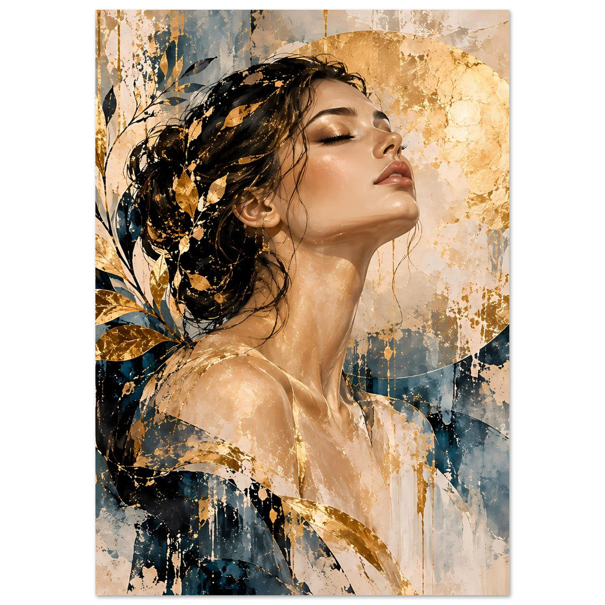 Kunstposter im Hochformat: Frauenprofil mit goldenen Akzenten, abstraktem Muster