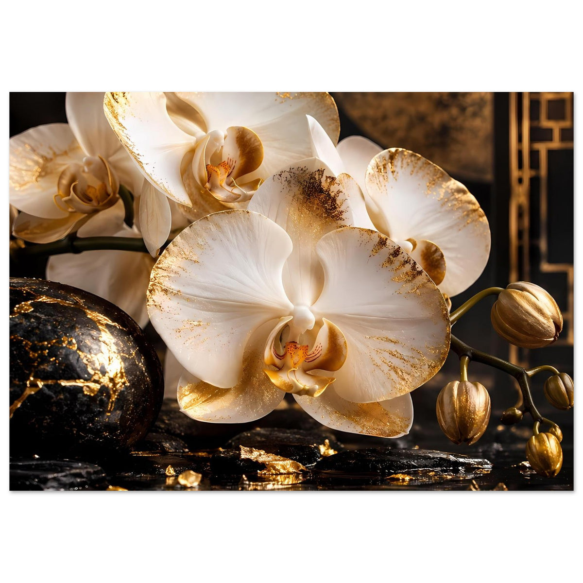 Poster mit goldumrandeten Orchideenblüten, weißen Details, schwarzen Steinen und Kugeln