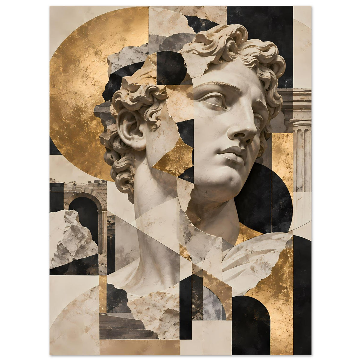 Kunstposter mit antikem Frauenkopf im Collage-Look, beige, schwarz und gold