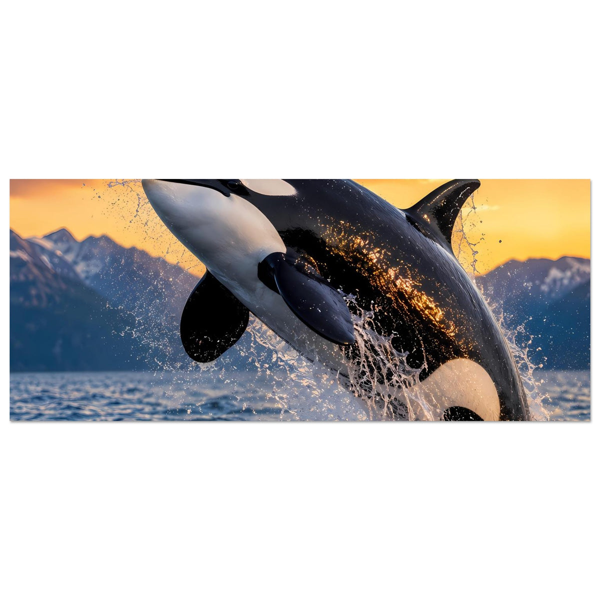 Orca-Sprung-Poster im Querformat: schwarzer und weißer Wal springt seitlich, Wasser spritzt