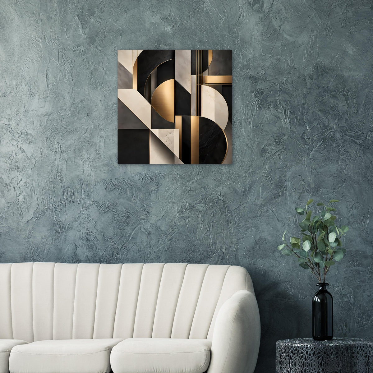 Geometrisches Kunstposter mit goldenen Linien und marmorartigem Muster in Schwarz/Beige