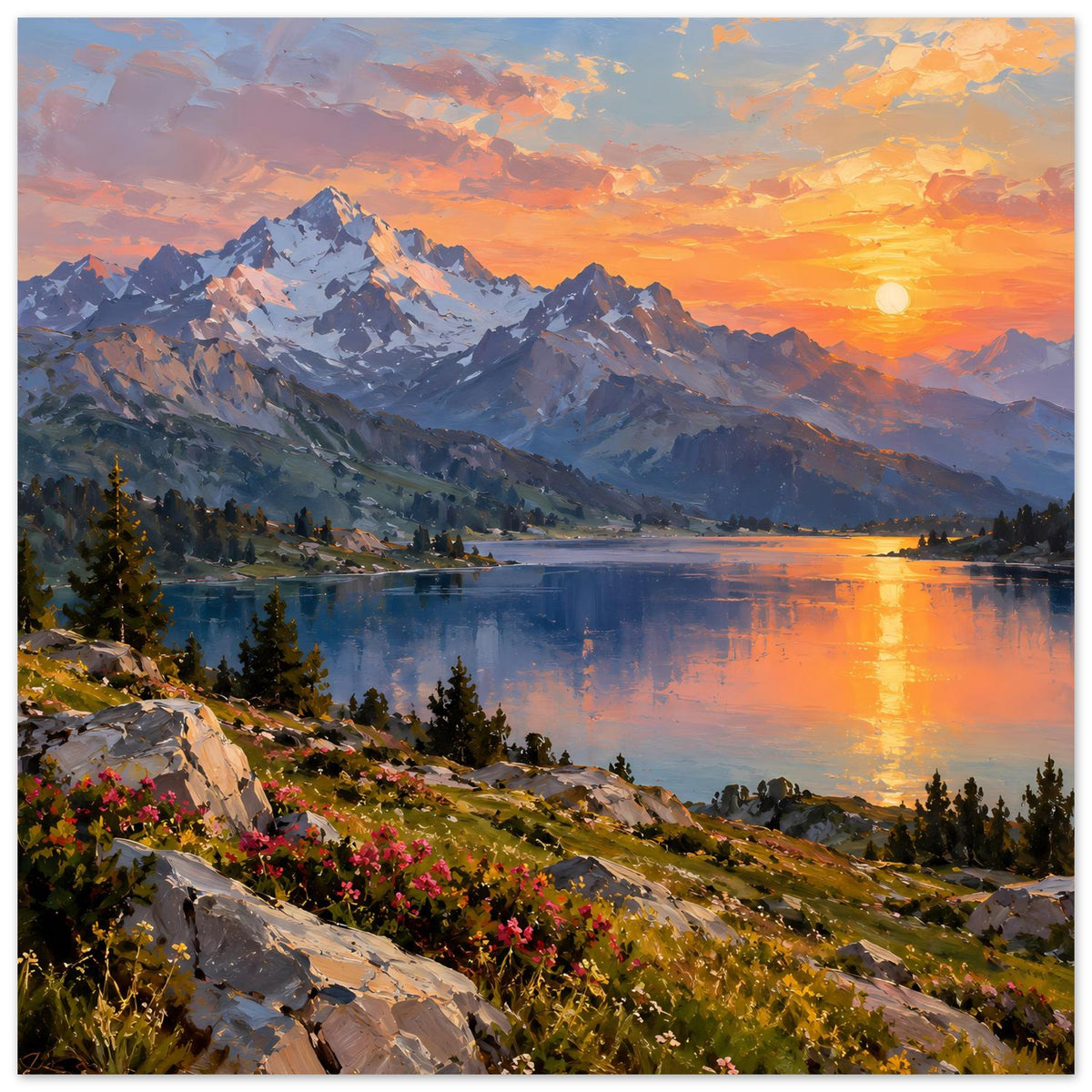 Wandposter im Querformat: Alpenlandschaft mit Seeufer, Sonnenuntergang und markanten Berggipfeln