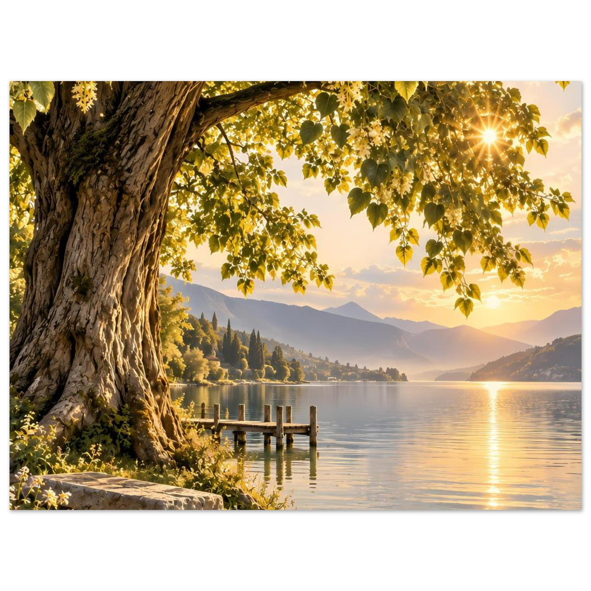Poster im Querformat: großer Baum am Ufer, See mit Holzsteg