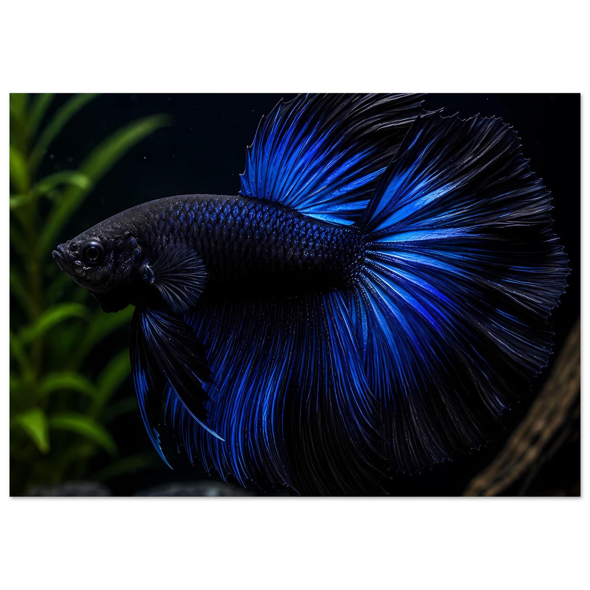 Poster mit blauem Betta-Fisch, Kopf links, leuchtende blaue Schwanzflosse, klarer Kontrast