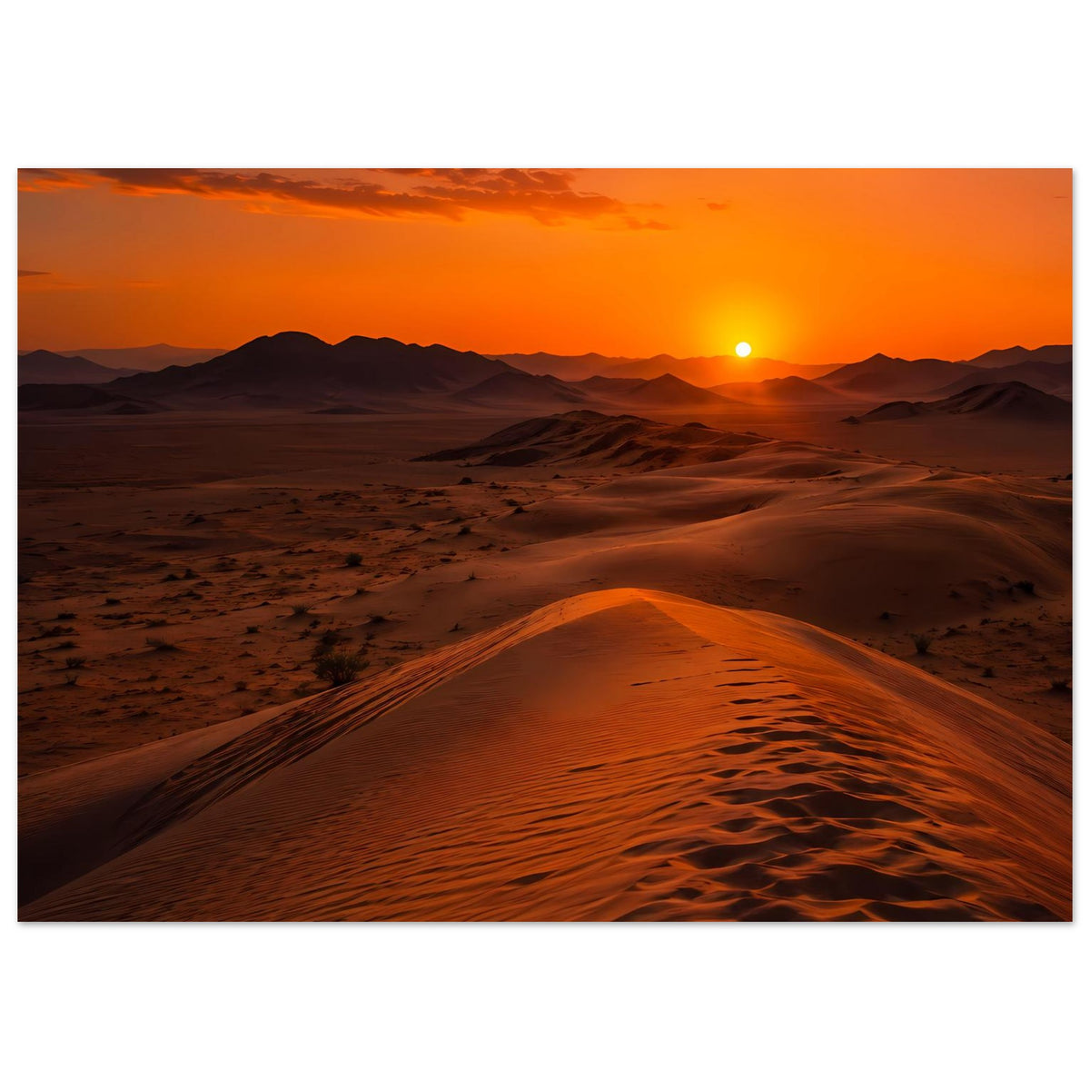 Poster Wüste bei Sonnenuntergang: lange Düne mit Sandrillen, Sonne über dem Horizont