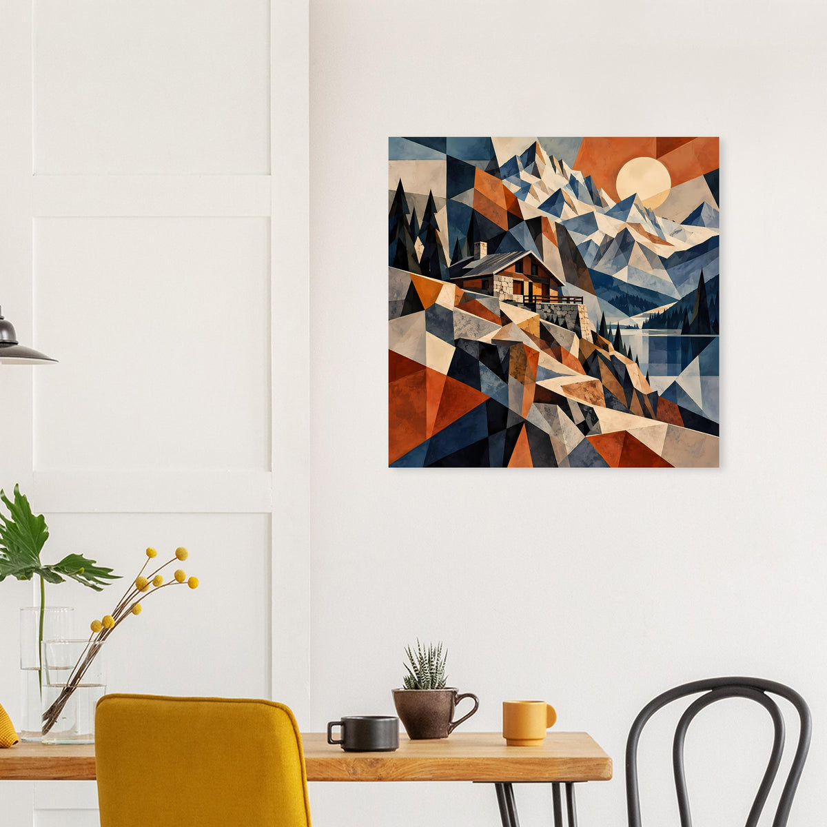 Quadratisches Poster: abstrakte Berglandschaft mit Haus und geometrischen Dreiecken in Blau-Rot