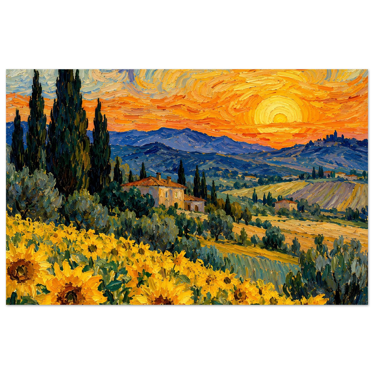 Kunstposter mit Sonnenblumen im Vordergrund und Abendhimmel mit Sonne über Hügeln