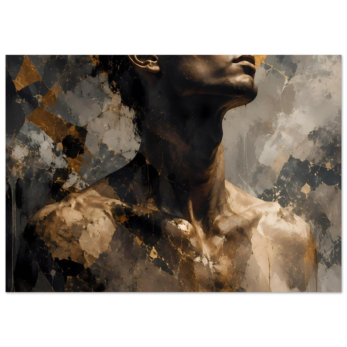 Kunstposter mit abstraktem Männerporträt, goldene Akzente und Marmoreffekt, Brustansicht