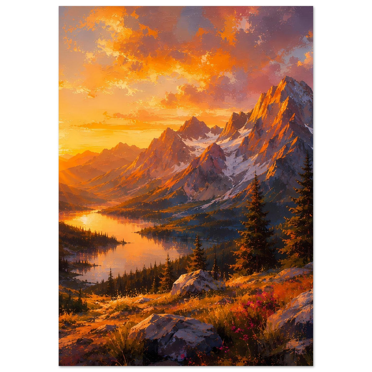 Hochformat-Poster mit Berglandschaft bei Sonnenuntergang, Fluss/See und Nadelbäumen
