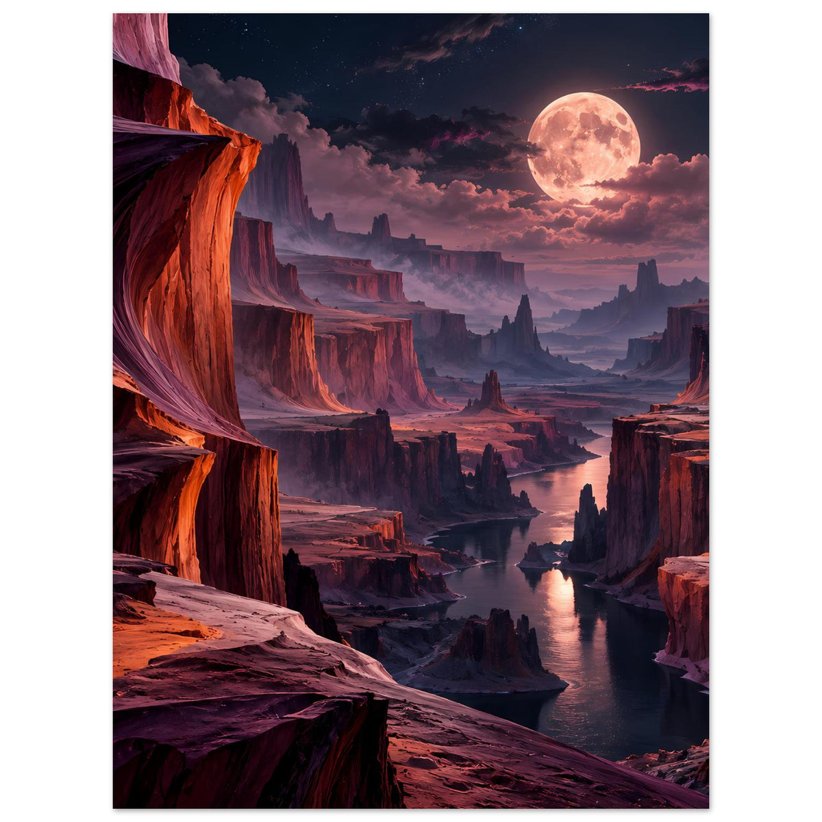 Vertikales Landschaftsposter: Canyonlandschaft mit Fluss, warm leuchtenden Felsen und großem Vollmond.