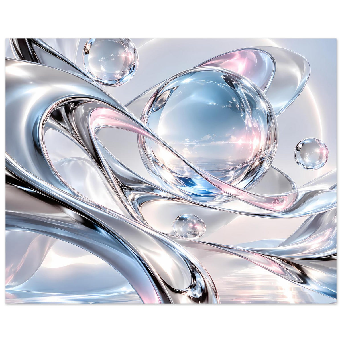 Abstraktes Kunstposter: reflektierende Metallranken mit mehreren Kugeln in Blau und Silber