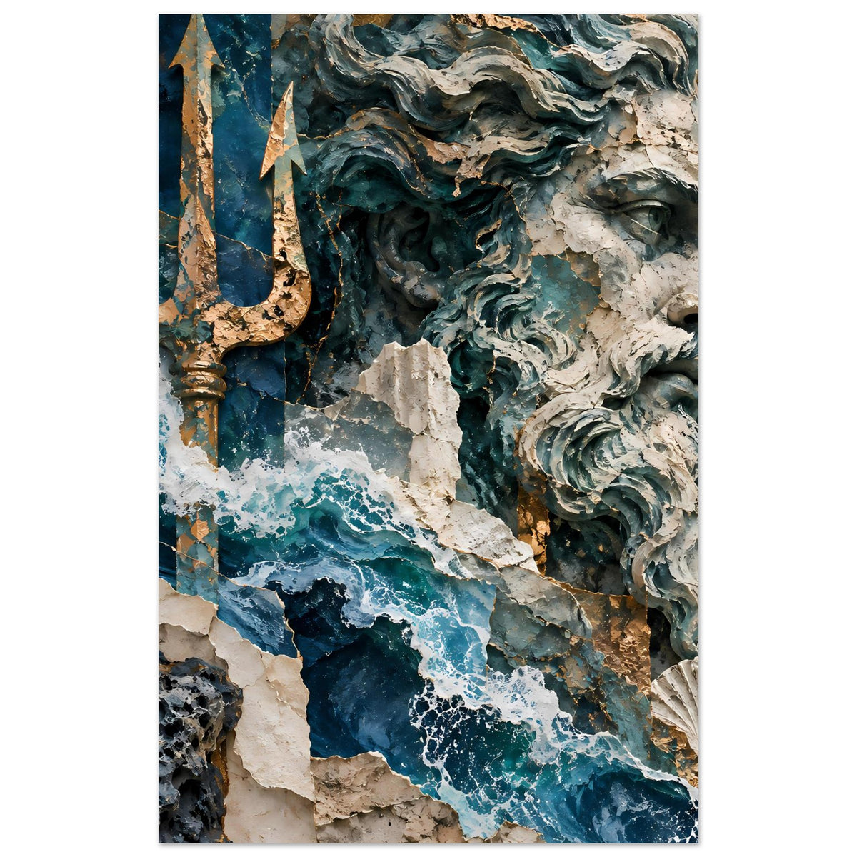 Neptun-Poster, stehende Ansicht: antike Skulpturprofil, türkisblaue Wellen und Dreizack