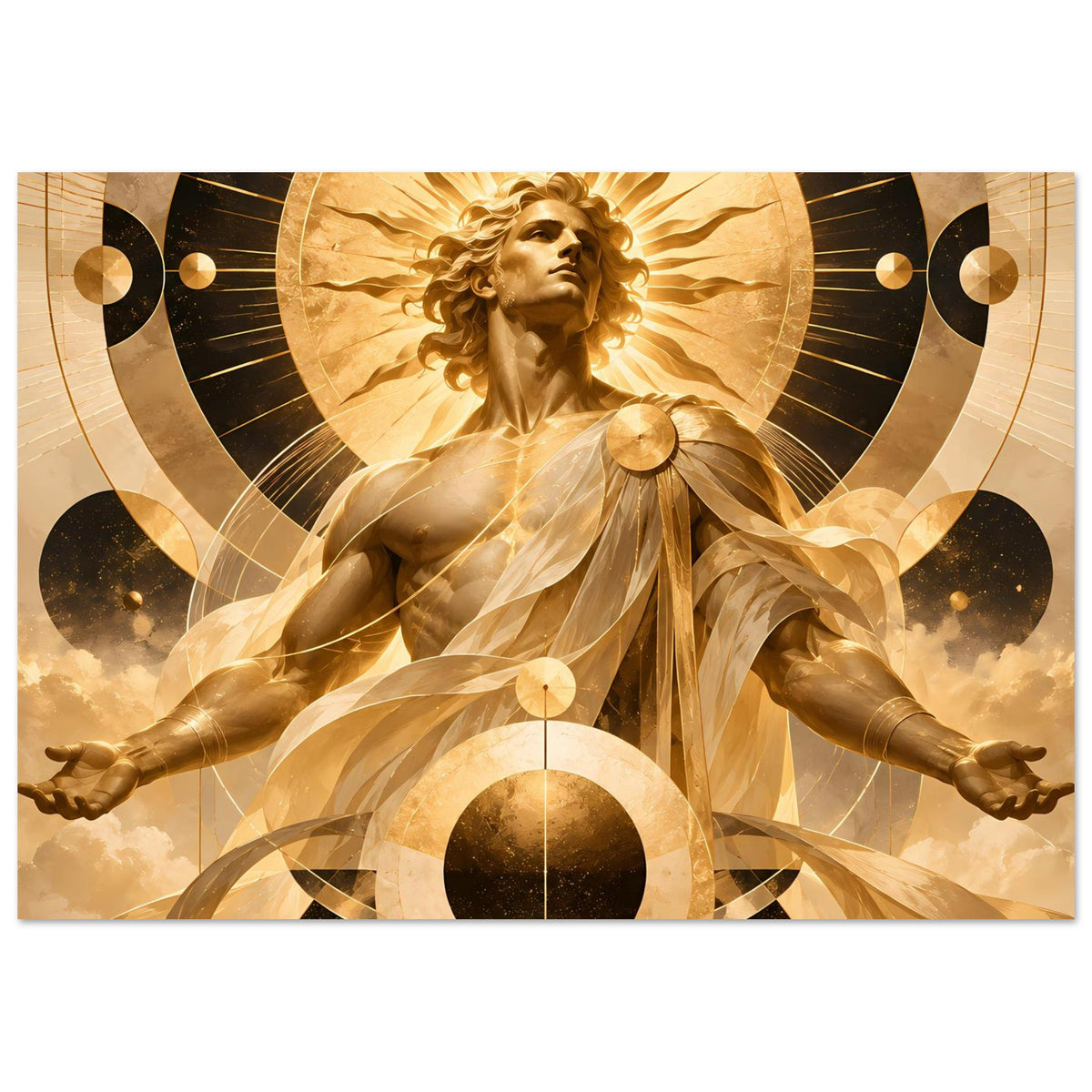 Goldenes Wandposter mit sitzender Engelsfigur, Strahlenkranz und abstrakten Kreisen, Querformat
