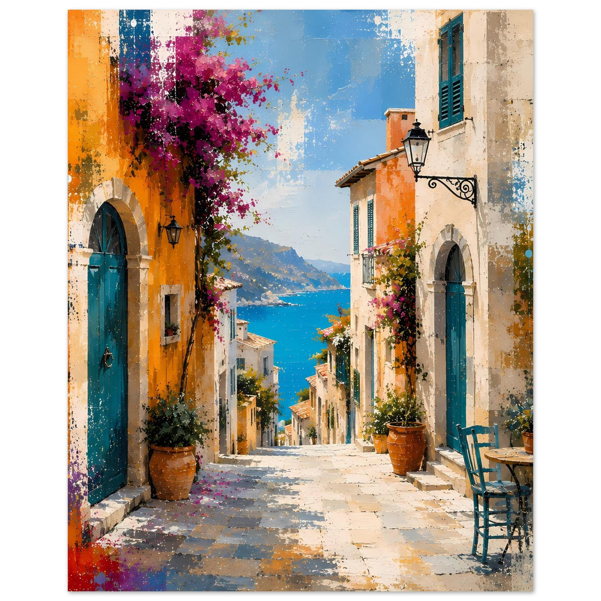 Mediterraner Straßen-Poster mit Gasse, Meerblick und bunten Fassaden, Hochformat