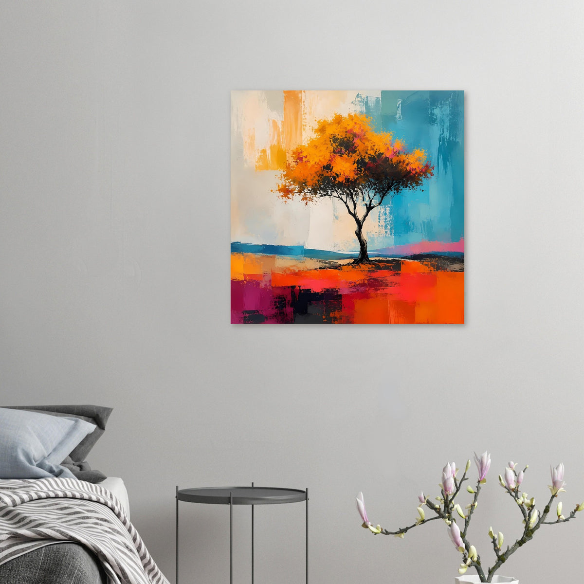 Quadratisches gerahmtes Poster: einzelner Baum in Orange und Türkis mit Farbstreifen