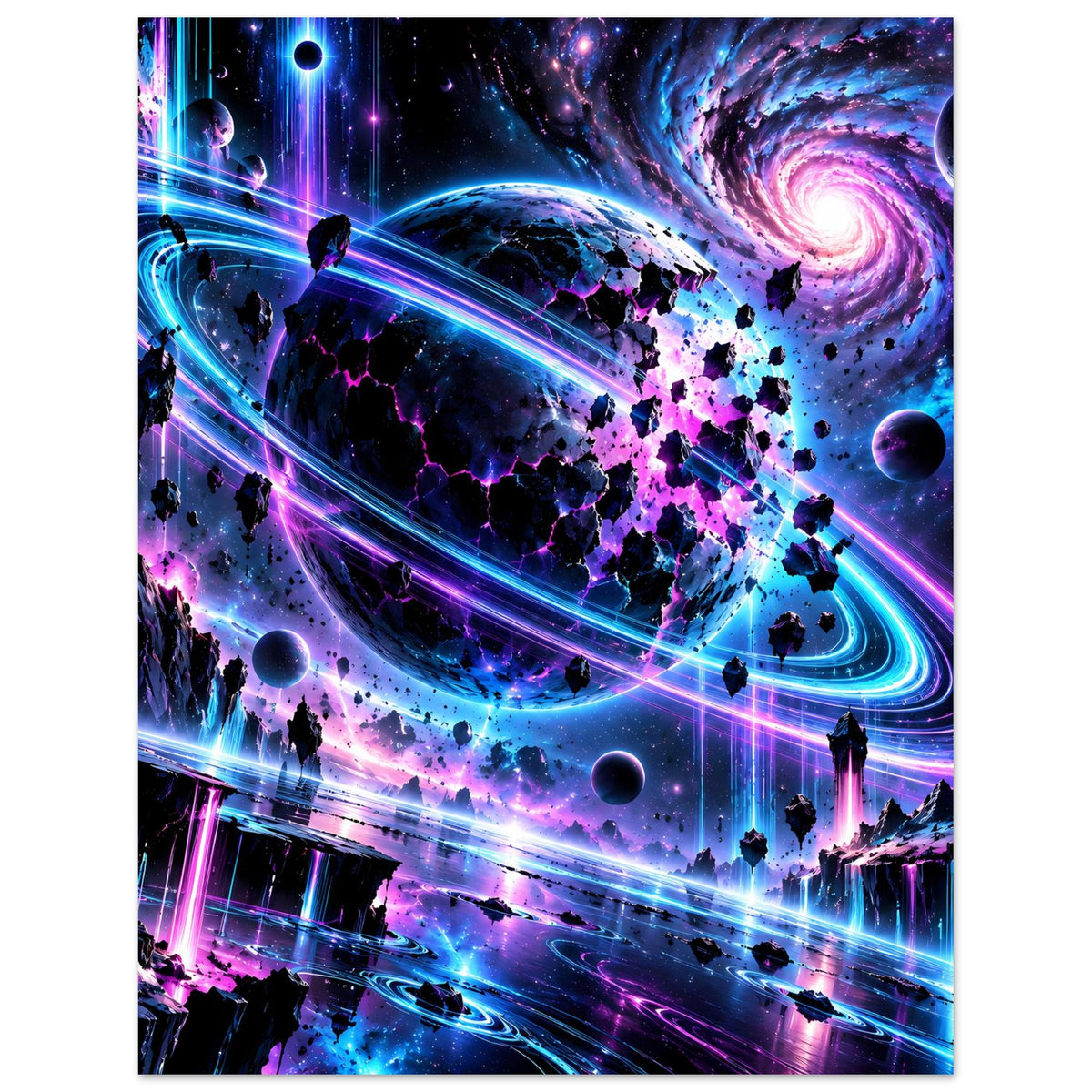 Neon-Galaxie-Poster mit Planetenring, leuchtenden Kurven, lila Sternwolken und Raketen