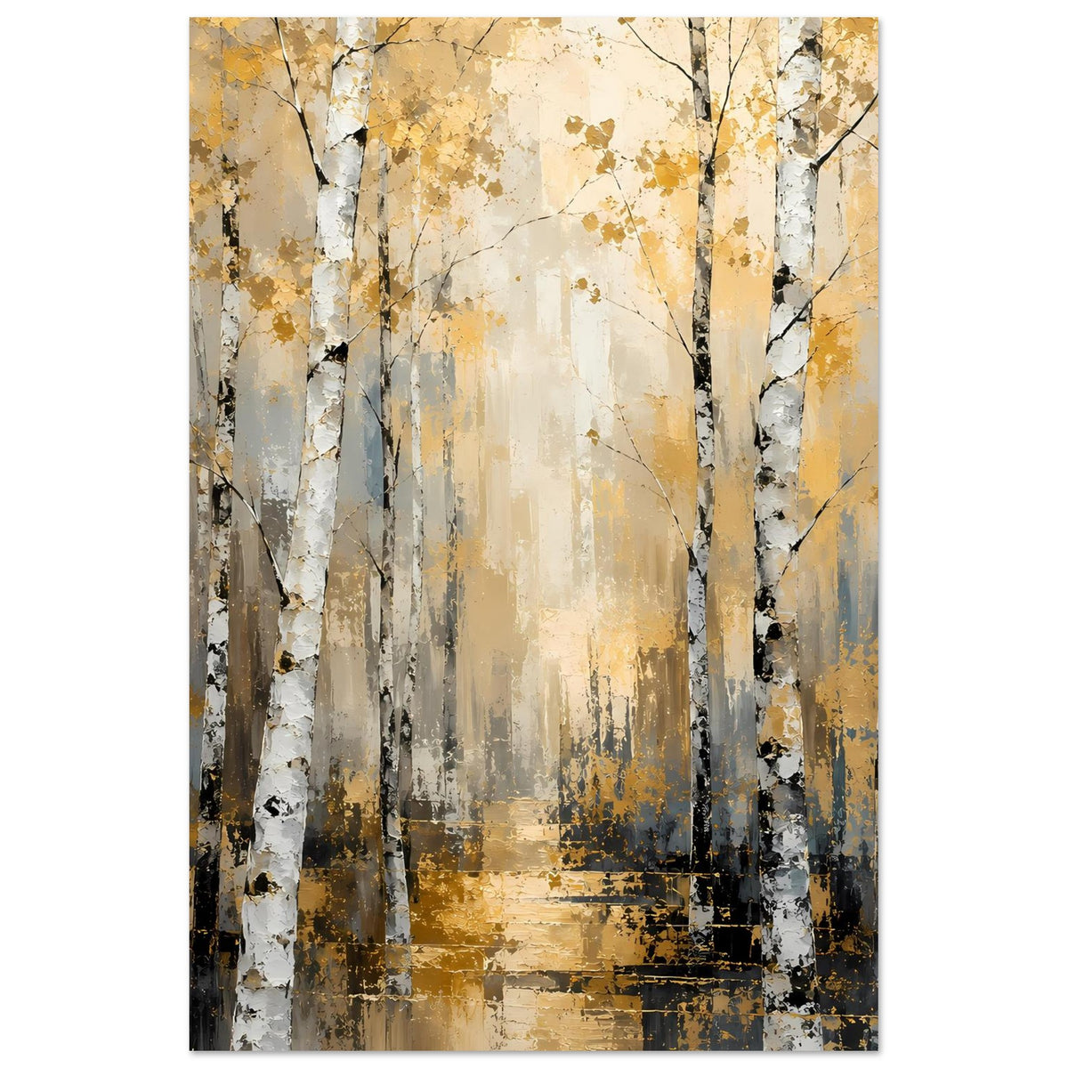 Kunstdruck Birkenwald im Hochformat: weiße Birkenstämme mit schwarzen Ästen, goldene Akzente, abstrakt