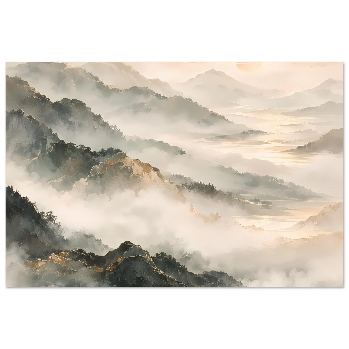 Querformat-Poster der Berglandschaft mit nebligen Tälern und goldener Abendsonne rechts