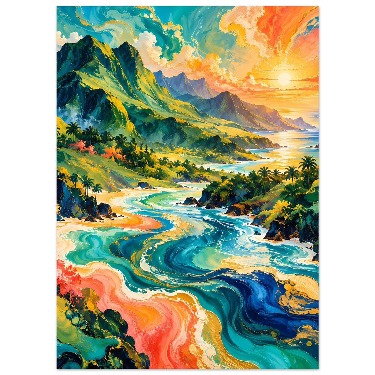 Tropisches Poster mit Sonnenuntergang, Berglandschaft, Palmen, Meer und Fluss