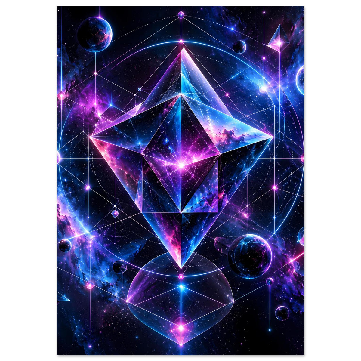 Hochformat-Poster mit kosmischem Geometrie-Design: mehrschichtiger Diamantstern in Violett/Blau