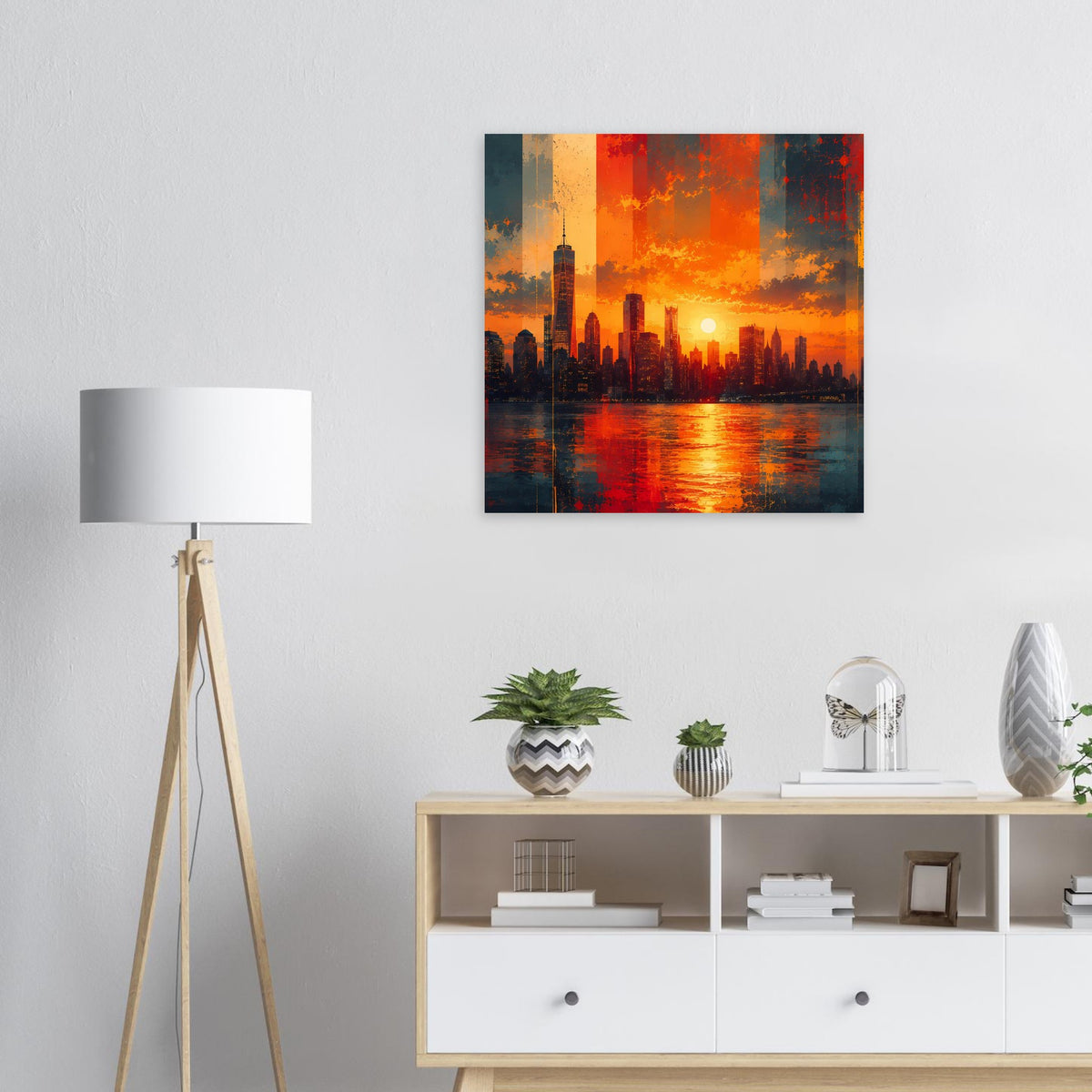 Quadratisches Poster: Skyline im Sonnenuntergang, orangefarbener Himmel mit Lichtreflex auf Wasser