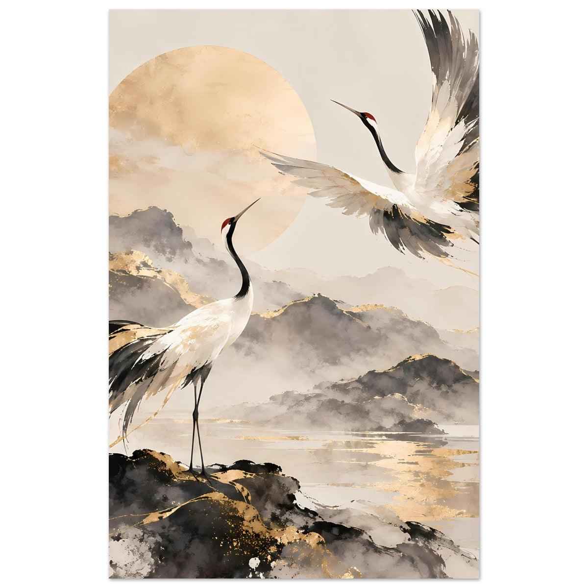 Vertikales Poster mit zwei Kranichen, schwebendem Vogel und Gold-Grau-Landschaft