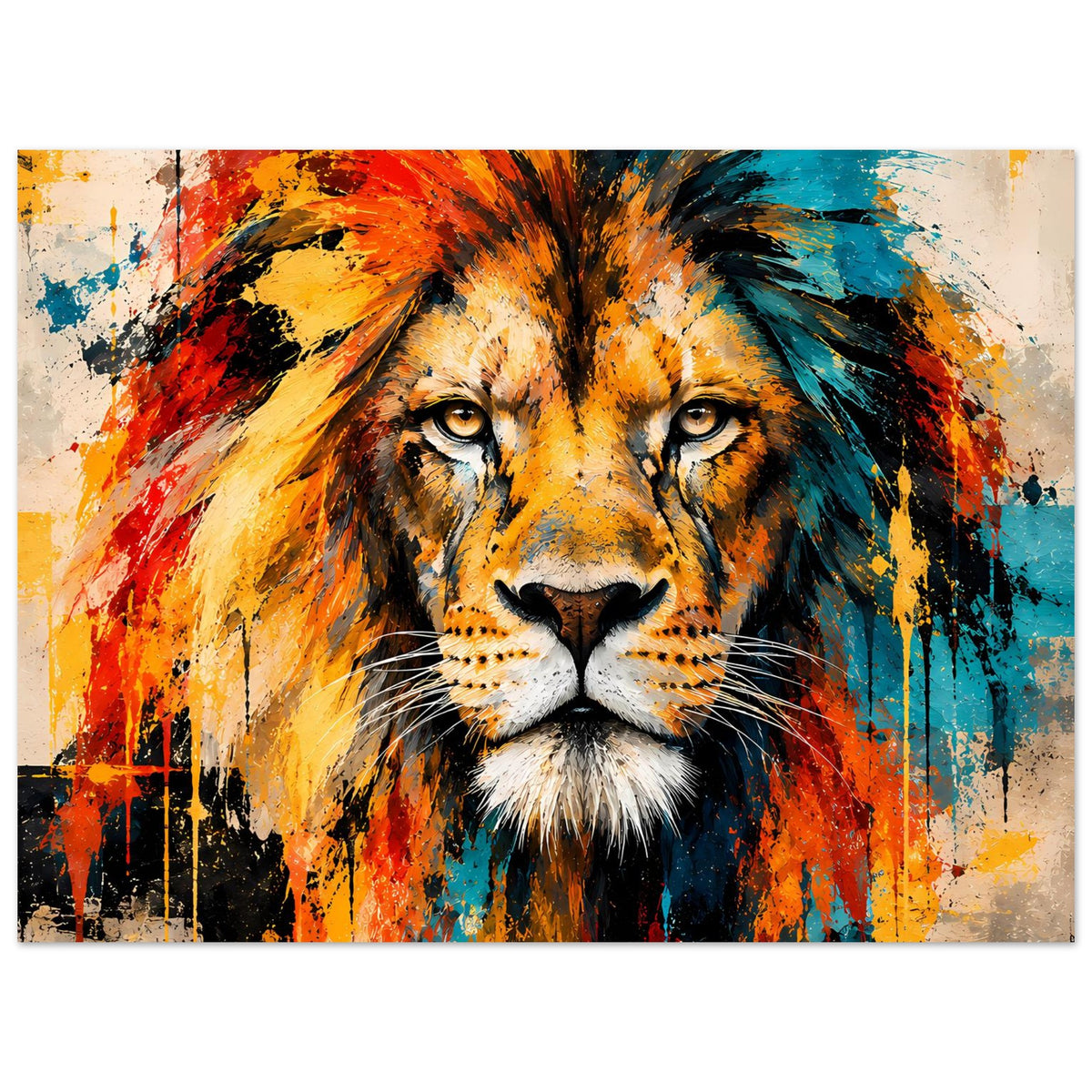 Löwenposter mit zentriertem Löwenkopf, kräftige Spritzfarben in Orange, Gelb und Türkis.